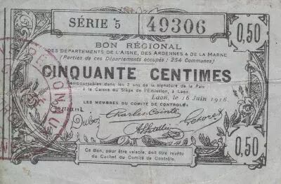 Francia 50 Cents - Laon - Regional Coupon - 16-06-1916 - Serial 5