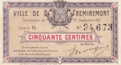 Francia 50 Cents - Remiremont - 1915 - Serial B - P.88-59