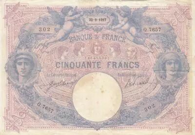 Francia 50 Francs - Blue and pink - 22-09-1917 - Serial Q.7657