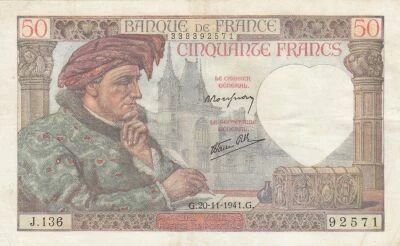 Francia 50 Francs - Jacques Coeur - 20-11-1941 - Series J.136