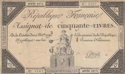 Francia 50 Livres - 14 December 1792 - French Republic - Sign. Cottenel - Serial 4412