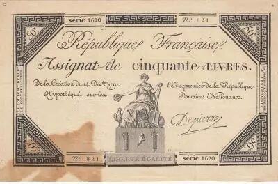 Francia 50 Livres - 14 December 1792 - French Republic - Sign. Delpierre - Serial 1620