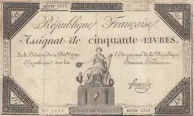 Francia 50 Livres - 14 December 1792 - French Republic - Sign. Fran�ois - Serial 2921