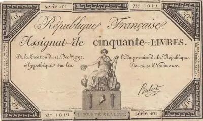 Francia 50 Livres - 14 December 1792 - French Republic - Sign. Hubert - Serial 401