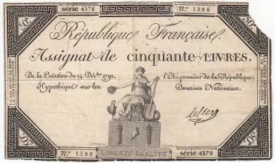 Francia 50 Livres France seated - 14-12-1792 - Sign. Leclerc - VG to  F