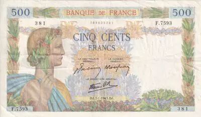 Francia 500 Francs - La Paix - 07-01-1943 - Serial F.7593 - P.95
