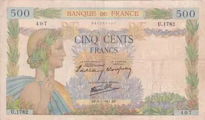 Francia 500 Francs - La Paix - 09-01-1941 - Serial U.1782 - P.95