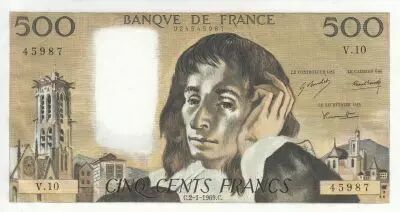 Francia 500 Francs - Pascal - 02-01-1969 - Serial V.10
