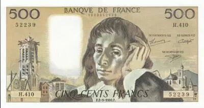 Francia 500 Francs - Pascal - 02-09-1993 - Serial H.410