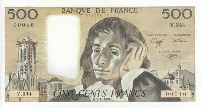 Francia 500 Francs - Pascal - 03-01-1991 - Serial V.344 - Small Number