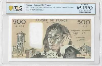 Francia 500 Francs - Pascal - 03-03-1988 - Serial D.273 - PCGS 65 PPQ