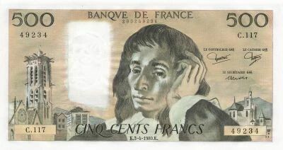 Francia 500 Francs - Pascal - 03-04-1980 - Serial C.117