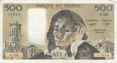 Francia 500 Francs - Pascal - 03-04-1985 - Serial D.228
