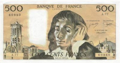 Francia 500 Francs - Pascal - 03-11-1977 - Serial A.77
