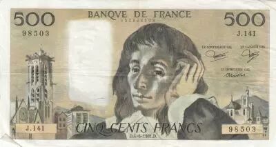 Francia 500 Francs - Pascal - 04-06-1981 - Serial J.141