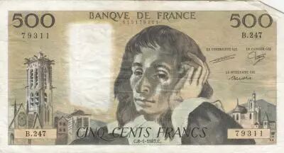 Francia 500 Francs - Pascal - 08-01-1987 - Serial B.247