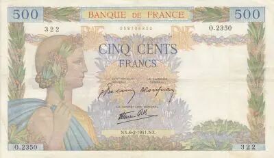 Francia 500 Francs - Pax with wreath - 06-02-1941 - Serial O.2350