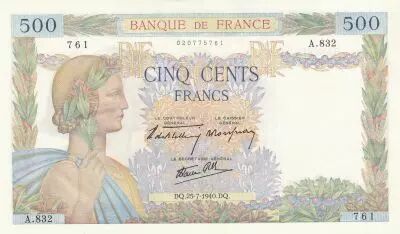 Francia 500 Francs - Pax with wreath - 25-07-1940 - Serial A.832