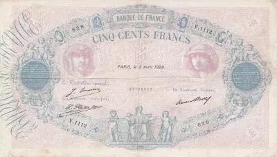 Francia 500 Francs - Pink and  blue - 03-04-1928 - Serial V.1112  - P.66