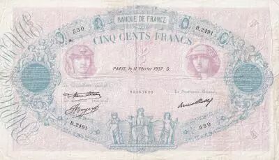 Francia 500 Francs - Pink and  blue - 11-02-1937 - Serial B.2491 - P.66