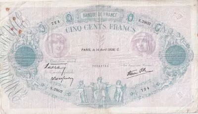 Francia 500 Francs - Pink and  blue - 14-04-1938 - Serial S.2802 - P.66