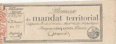 Francia 500 Francs - Territorial mandate - Serial 22 - Num 84933 - 1796