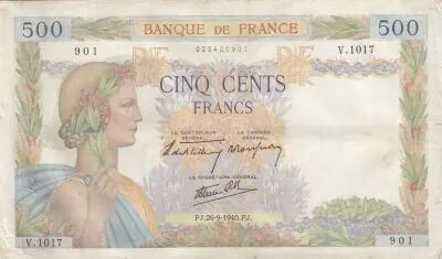 Francia 500 francs - The peace - 26-09-1940 - Serial Y.1016
