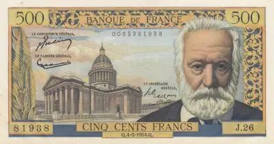 Francia 500 Francs - Victor Hugo - 04-03-1954 - Serial J.26