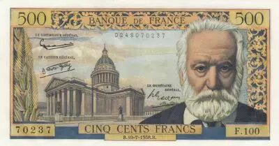 Francia 500 Francs - Victor Hugo - 10-07-1958 - Serial F.100