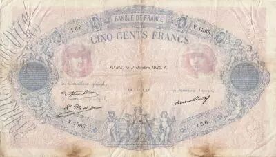 Francia 500 Francs Blue and Pink - 02-10-1930 - Serial V.1365