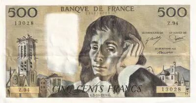 Francia 500 Francs Pascal - 05-10-1978  Serial Z.94 - XF +