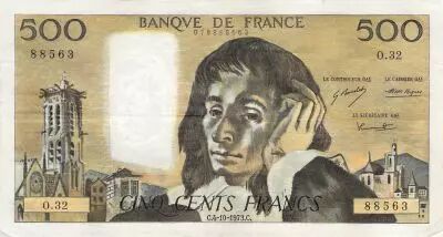 Francia 500 Francs Pascal - St Jacques Tower - 04-10-1973 - Serial O.32 - F to VF