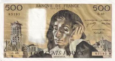 Francia 500 Francs Pascal - St Jacques Tower - 06-12-1973 - Serial G.40 - VF+