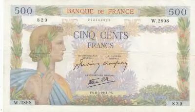Francia 500 Francs Pax with wreath - 08-05-1941 Serial W.2898