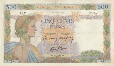 Francia 500 Francs Pax with wreath - 1944-04-06 - serial O.8065  scarce date