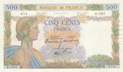 Francia 500 Francs Pax with wreath - 28-11-1940 Serial A.1401