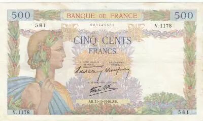 Francia 500 Francs Pax with wreath - 31-10-1940 - Serial V.1178