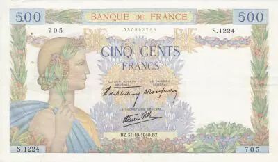 Francia 500 Francs Pax with wreath - 31-10-1940 Serial S.1224