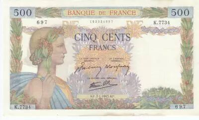 Francia 500 Francs Peace - 07-01-1943 - Serial K.7734 2nd