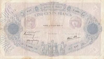 Francia 500 Francs Pink and blue -15-06-1939 Serial U.3430