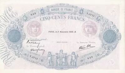 Francia 500 Francs Rose et Bleu - 02-11-1939 - Serial T.3713
