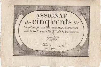 Francia 500 Livres - 20 Pluviose An II (8.2.1794) - VF - Sign. Gautier