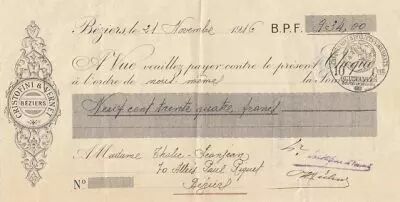 Francia 934 francs - Bank cheque receipt - Christofini et Vernet - 21-11-1916