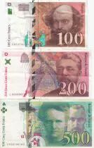 Francia Lot 3 Notes  : 100 Francs C�zanne - 200 Francs Eiffel - 500 Francs P M Curie - 1995 to 200 - VF