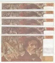 Francia Lot de 5 x 100 Francs Delacroix - ann&eacute;es 1978 &agrave; 1995