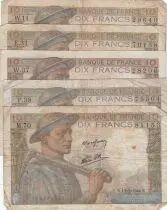 Francia Lot of 5 x10 Francs Miner - 1942 to 1944 - 5 issuing date - aF