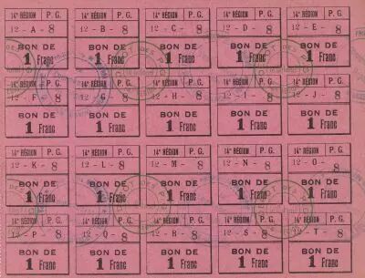 Francia Sheet of 1 franc x 20 ex - Prisonniers de guerre - 14�me r�gion - Lyon - WWI