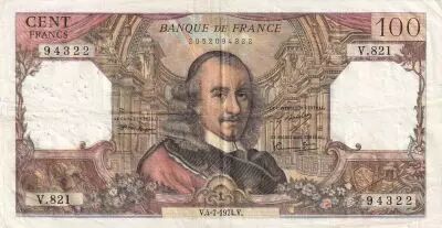 Frankreich  100 Francs - Corneille - 04-07-1974 - Serial V.821