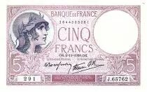 Frankreich  5 Francs Modified helmeted woman - 02.11.1939 - Serial J.65762 - Fay.4.14