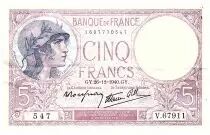 Frankreich  5 Francs Modified helmeted woman - 26-12-1940- Serial V.67911 - F.04.18
